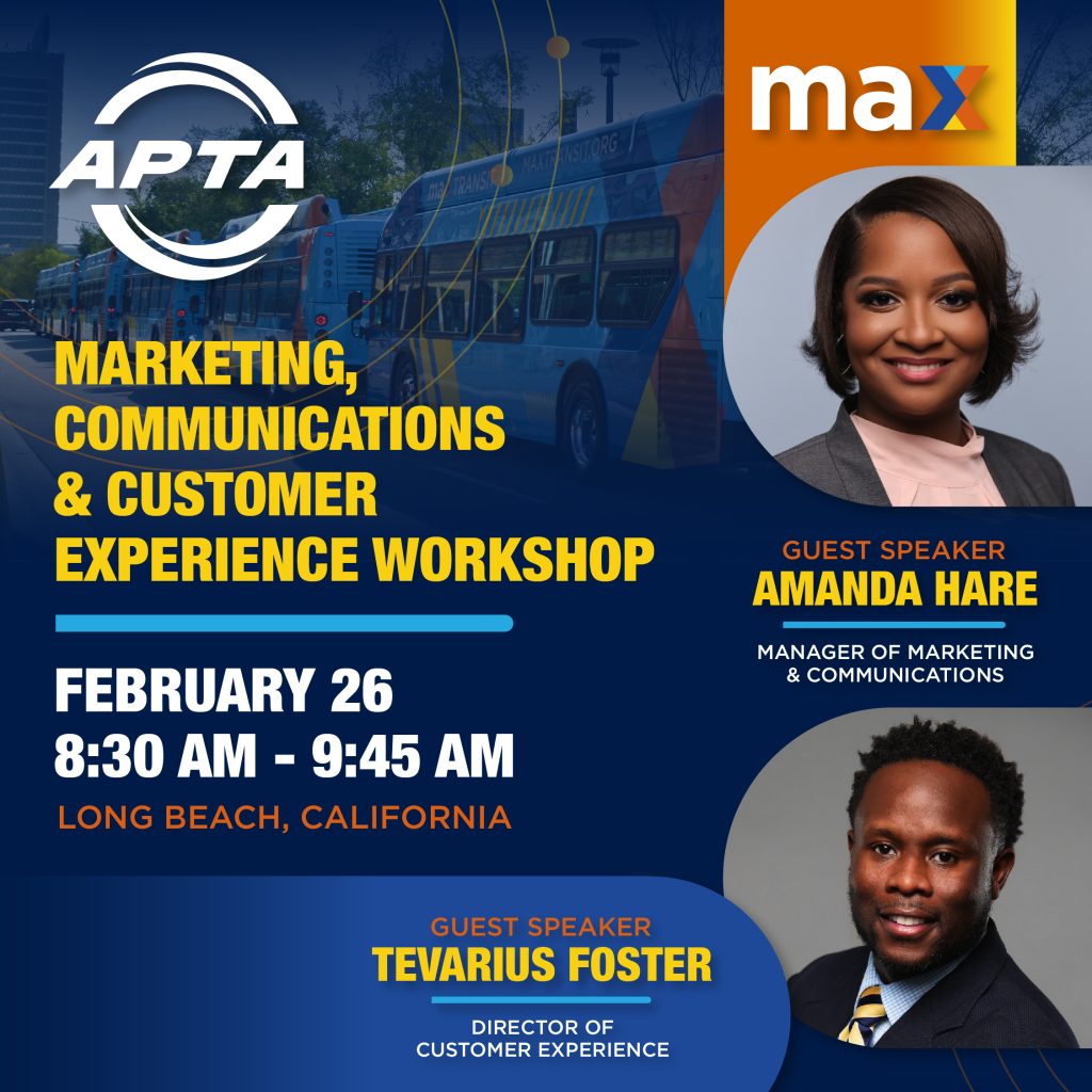 A graphic with photos of Amanda Hare and Tevarius Foster, advertising their Marketing , Communications & Customer Experience Workshop happening in Long Beach, CA on Feb. 26.