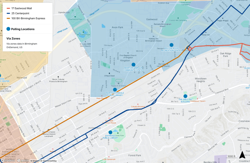 Polling locations near public transit in Avondale-Eastlake Area. For help interpreting this map, call MAX Customer Service at 205.521.0101.
