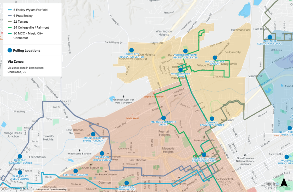 Polling locations near public transit in Birmingham Northside. For help interpreting this map, call MAX Customer Service at 205.521.0101.