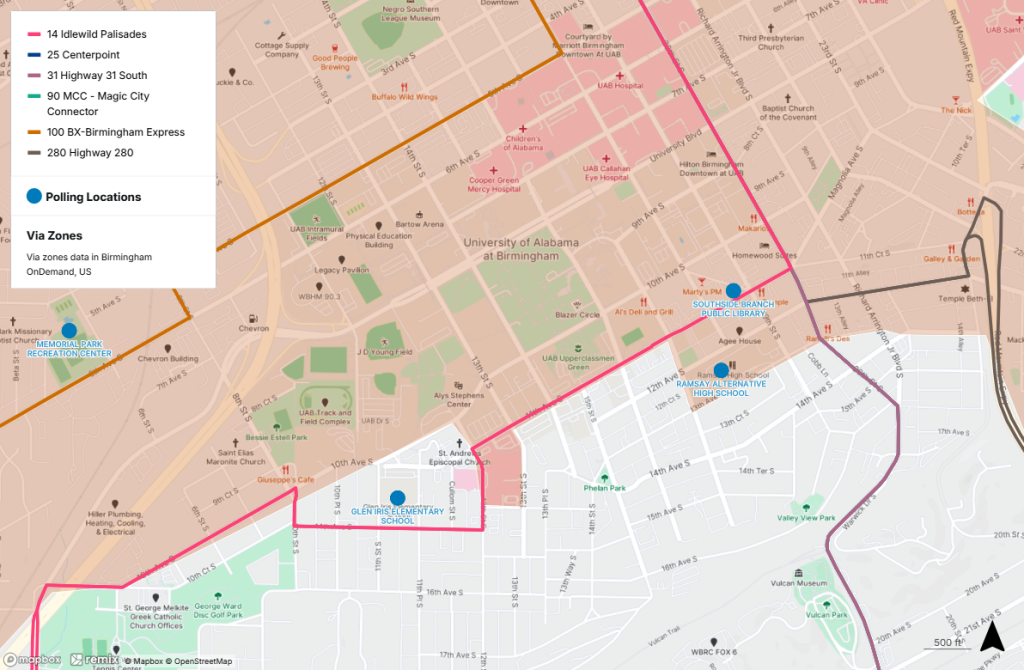 Polling locations near public transit in Birmingham Southside. For help interpreting this map, call MAX Customer Service at 205.521.0101.