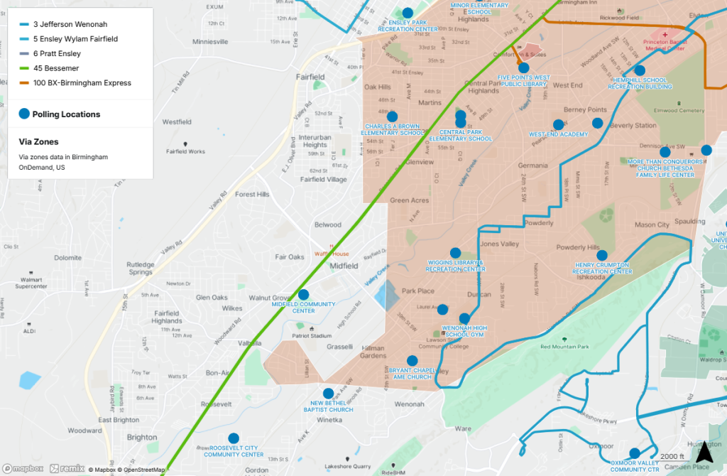 Polling locations near public transit in Birmingham Westside. For help interpreting this map, call MAX Customer Service at 205.521.0101.