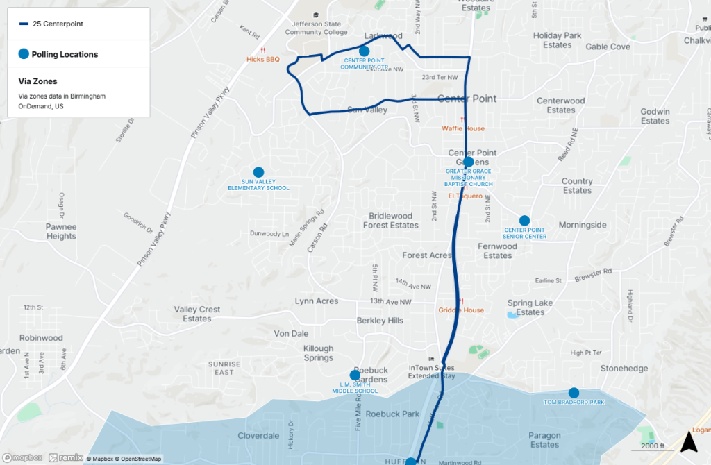 Polling locations near public transit in Center Point Area. For help interpreting this map, call MAX Customer Service at 205.521.0101.