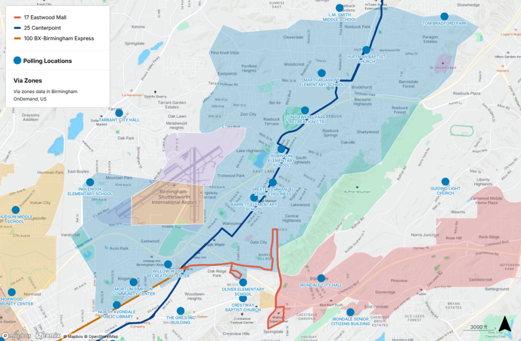Polling locations near public transit in Eastside of Birmingham Metro. For help interpreting this map, call MAX Customer Service at 205.521.0101.