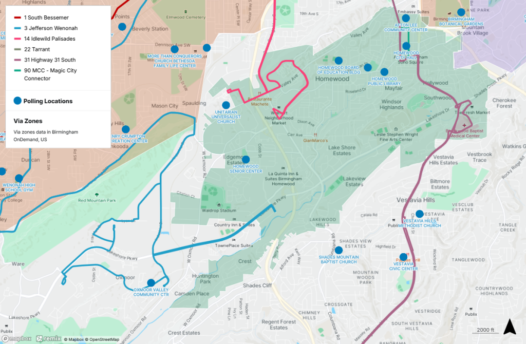 Polling locations near public transit in Homewood-Vestavia. For help interpreting this map, call MAX Customer Service at 205.521.0101.
