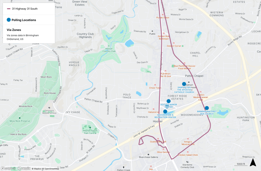Polling locations near public transit in Hoover. For help interpreting this map, call MAX Customer Service at 205.521.0101.