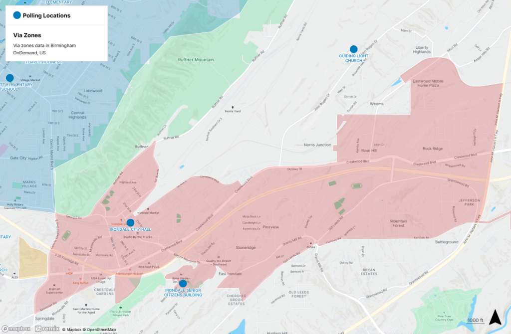Polling locations near public transit in Irondale. For help interpreting this map, call MAX Customer Service at 205.521.0101.