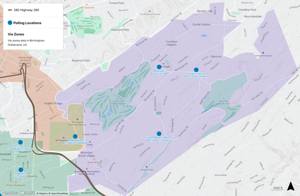 Polling locations near public transit in Mountain Brook. For help interpreting this map, call MAX Customer Service at 205.521.0101.