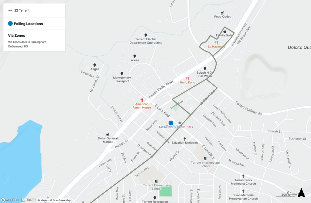 Polling locations near public transit in Tarrant. For help interpreting this map, call MAX Customer Service at 205.521.0101.